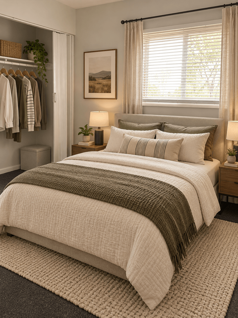 A bedroom with a large bed and a window with blinds.