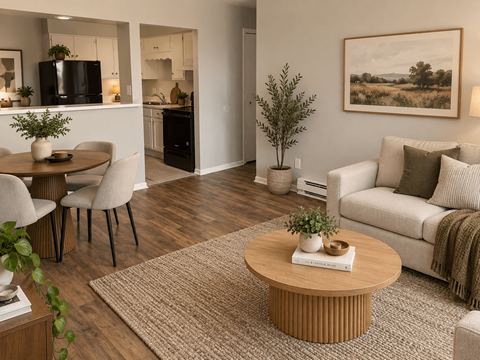A living room with a couch, chairs, a coffee table, and a painting on the wall.