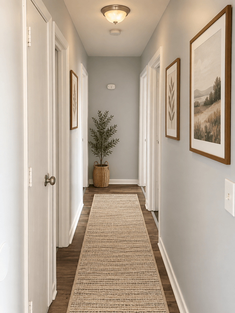 A hallway with a rug and pictures on the wall.