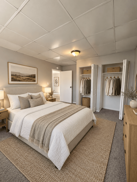 A bedroom with a large bed and a painting on the wall.