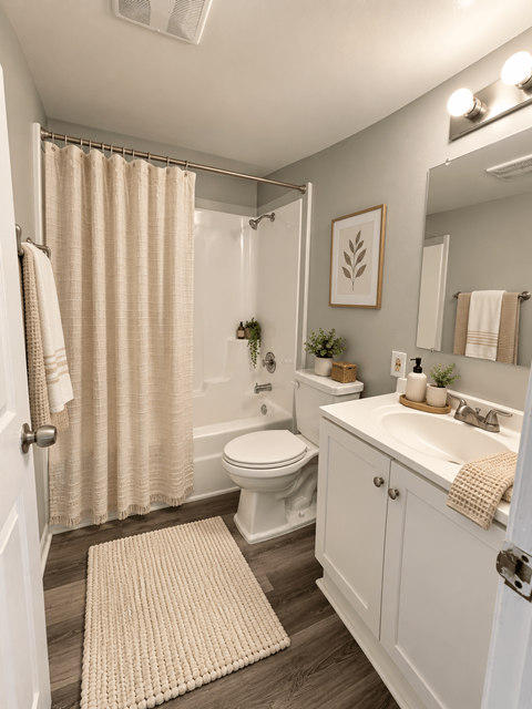 A bathroom with a toilet, sink, and shower.
