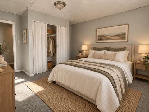 A bedroom with a large bed and a painting on the wall.