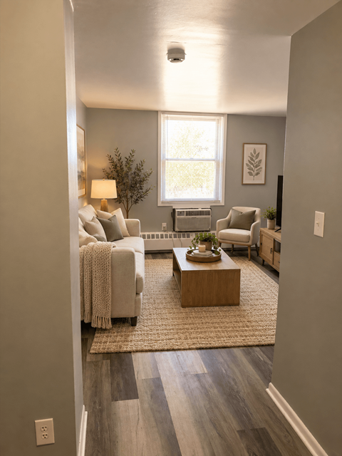 A well-lit living room with a couch, coffee table, and a window.