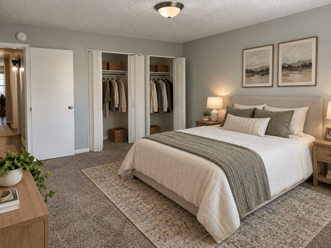 A bedroom with a large bed and a wardrobe.