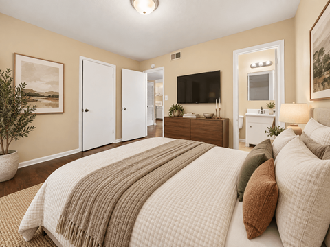 A bedroom with a large bed and a television.