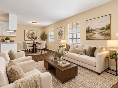 A living room with a white couch, a coffee table, and a painting on the wall.
