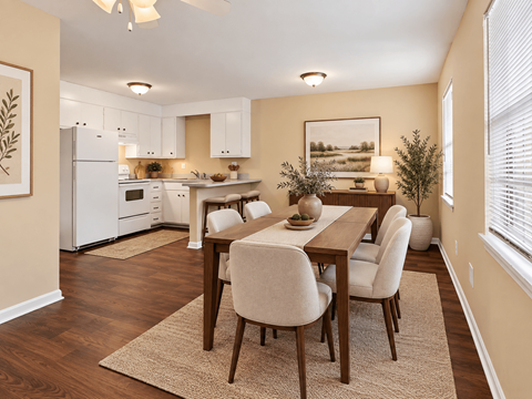 A kitchen with a dining table and chairs.