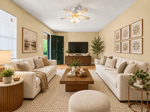 A living room with a white couch, a coffee table, and a ceiling fan.