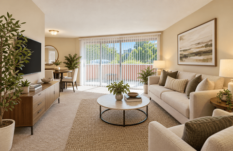 A living room with a couch, a coffee table, and a television.