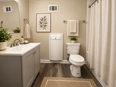A bathroom with a toilet, sink, and shower curtain.
