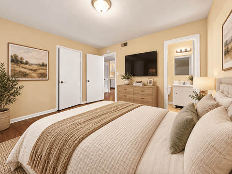 A bedroom with a large bed and a painting on the wall.