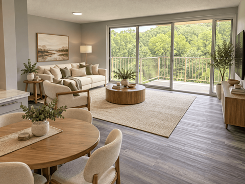A living room with a wooden table and chairs, a couch, a TV, and a view of trees through the sliding glass doors.