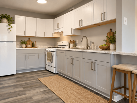 A kitchen with white cabinets and a white refrigerator.