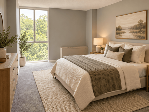 A bedroom with a large bed and a painting on the wall.