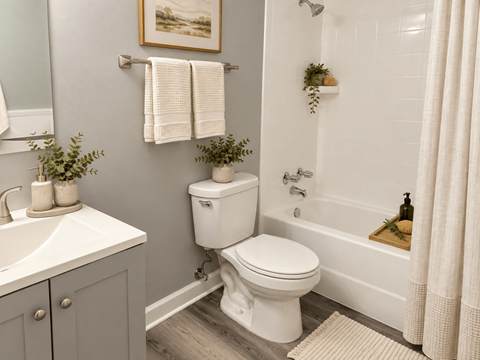 A white toilet is in a bathroom with a white sink and a white bathtub.