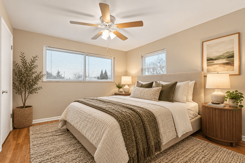 A bedroom with a large bed and a ceiling fan.