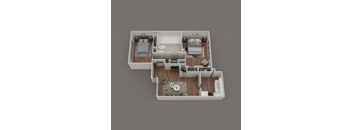A top-down view of a house layout with a living room, kitchen, and two bedrooms.