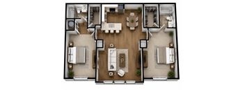 A top-down view of a modern apartment layout with a central living area, bedrooms, and bathrooms.