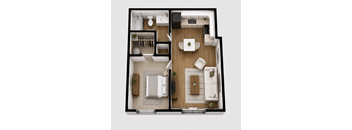 A top-down view of a small, modern apartment with a kitchen, living room, and bathroom.