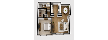 A top-down view of a modern apartment layout with a living room, dining area, kitchen, and bedrooms.