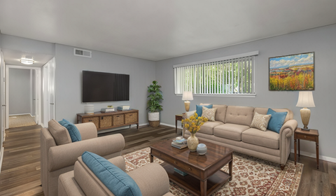 a living room with couches and chairs and a television