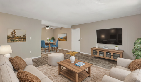 a living room with a couch and a table and a television
