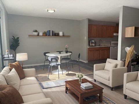 A modern living room with a dining table and chairs. at The Langston Views, Washington, DC