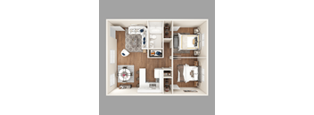 A top-down view of a well-organized bedroom with a bed, dresser, and wardrobe.