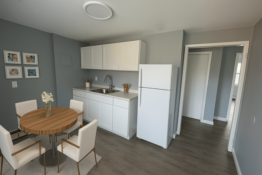 A kitchen with a table and chairs.