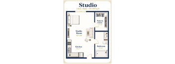 A floor plan of a studio apartment with a bed, bathroom, kitchen, and a studio room.