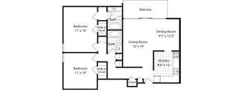 2  Bed   2  Bath   1,232 Sq. Ft. THE ARMSTRONG (w/Balcony) Floor plan at The Langston Views, Washington, 20020