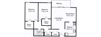 2  Bed   1  Bath   1,219 Sq. Ft. THE CALLOWAY (w/Balcony) Floor plan at The Langston Views, Washington, 20020