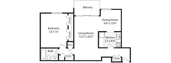 1  Bed   1  Bath   880 Sq. Ft. THE DAVIS (w/Balcony) Floor plan at The Langston Views, Washington, DC