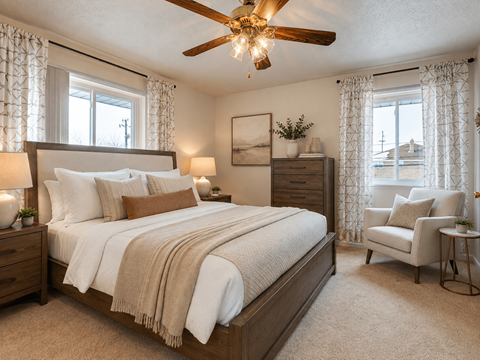 A bedroom with a large bed and a ceiling fan.