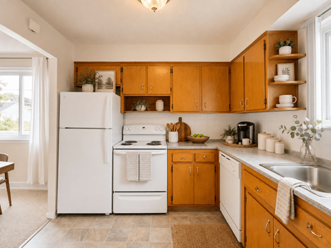 A kitchen with wooden cabinets and a white refrigerator.