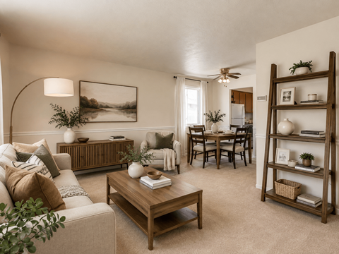 A living room with a white couch, a wooden coffee table, and a painting on the wall.