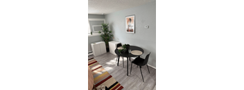 A living room with a round table and chairs, a rug, and a potted plant.