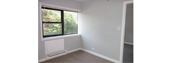 Room with carpeted floor and oversized window at The Terraces at Dekalb, Illinois