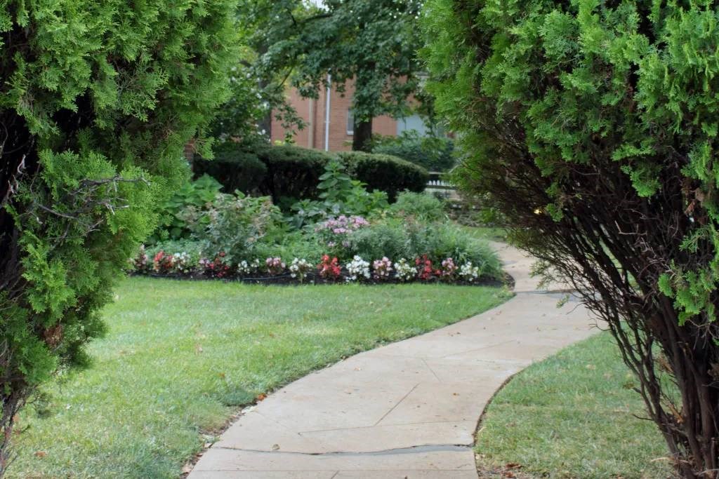 a walkway through a garden in front of a building