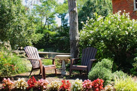 two chairs and a table in a garden