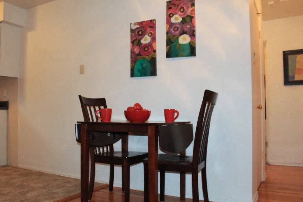 a table and chairs in a room