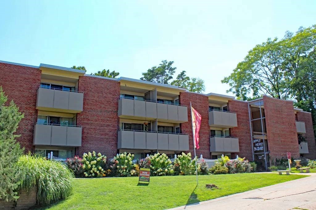 a building with a flag in front of it