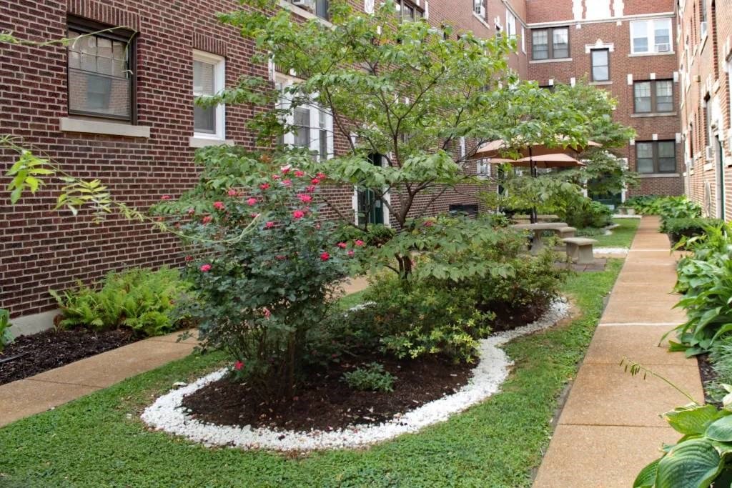 a courtyard with a tree and flowers in front of a brick building