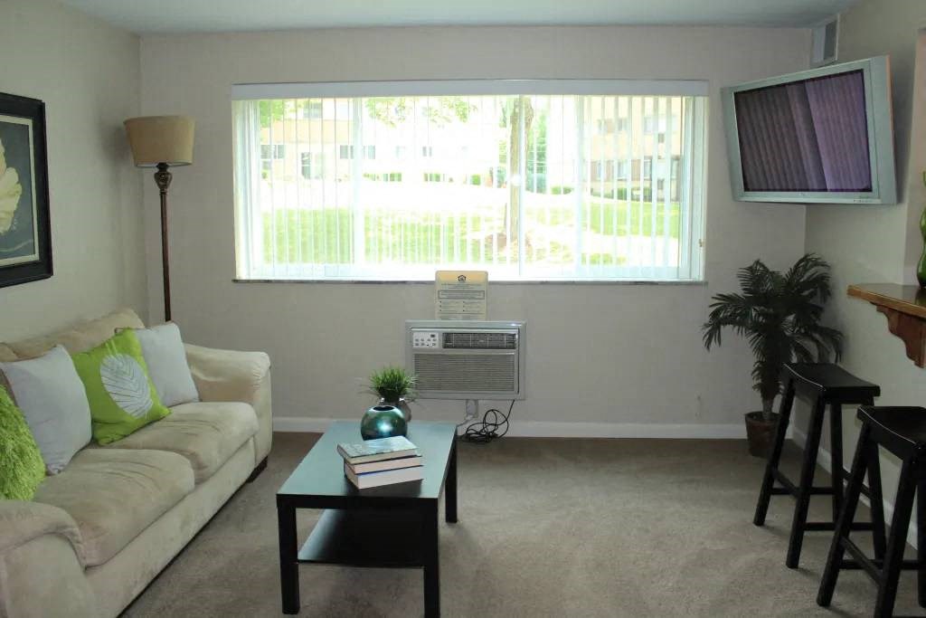 a living room with a couch a table and a tv