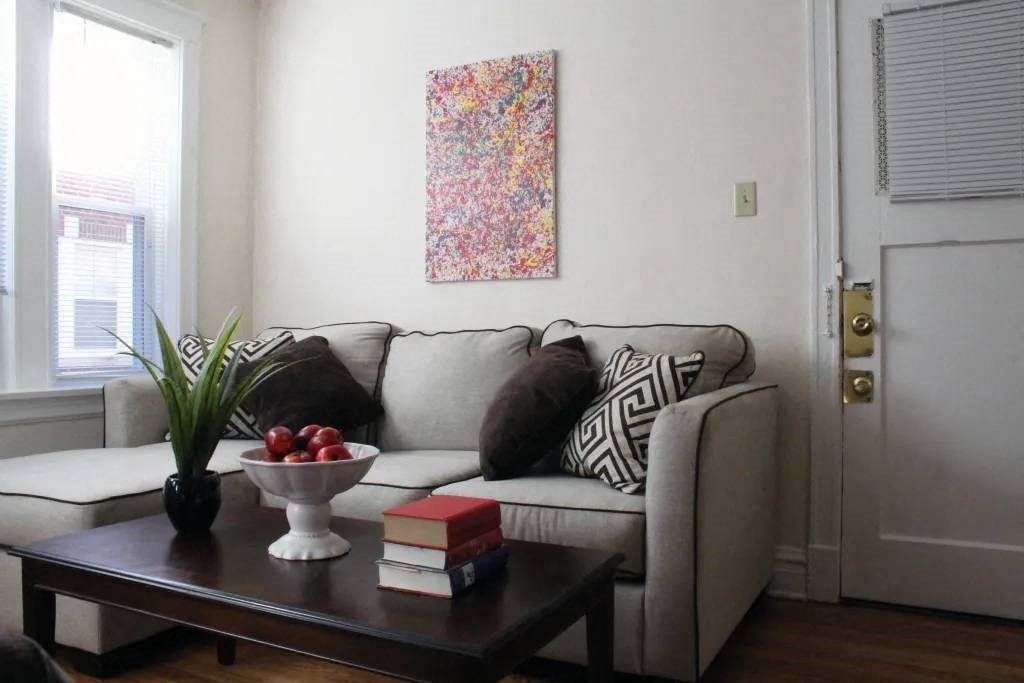 a living room with a couch and a coffee table