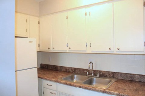 a kitchen with a sink and a refrigerator