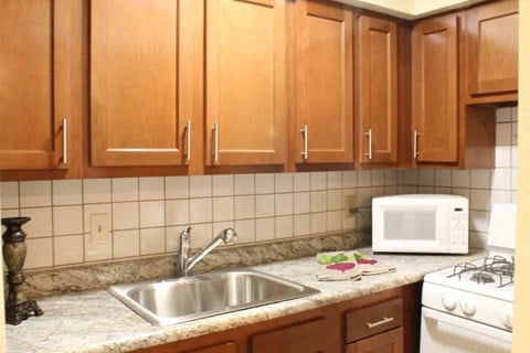 a kitchen with a sink microwave and cabinets