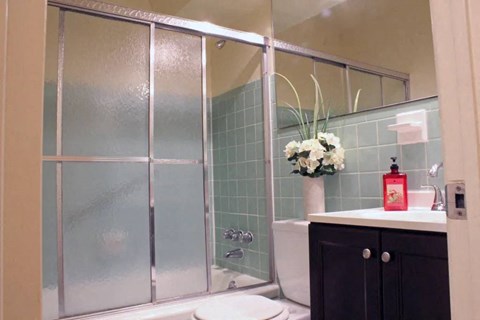 a bathroom with a sink toilet and shower