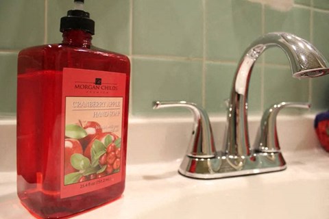 a bottle of soap is sitting on a sink