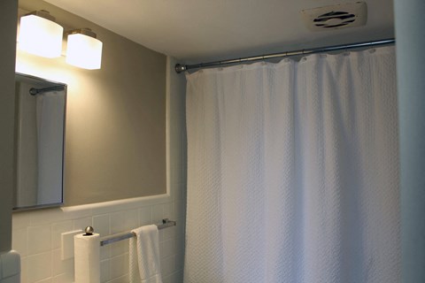 a bathroom with a white shower curtain and a mirror